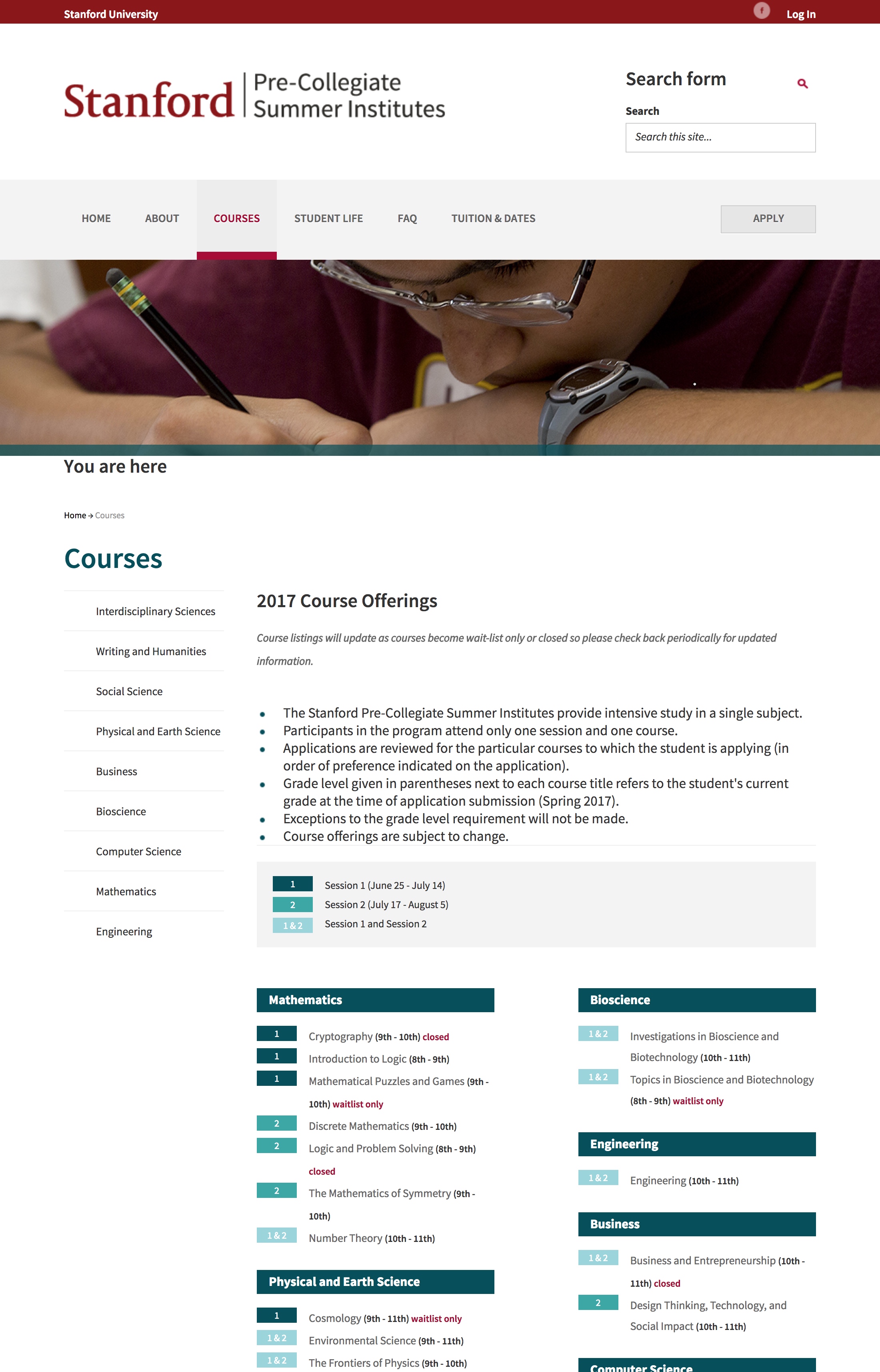 Screenshot of the old courses page