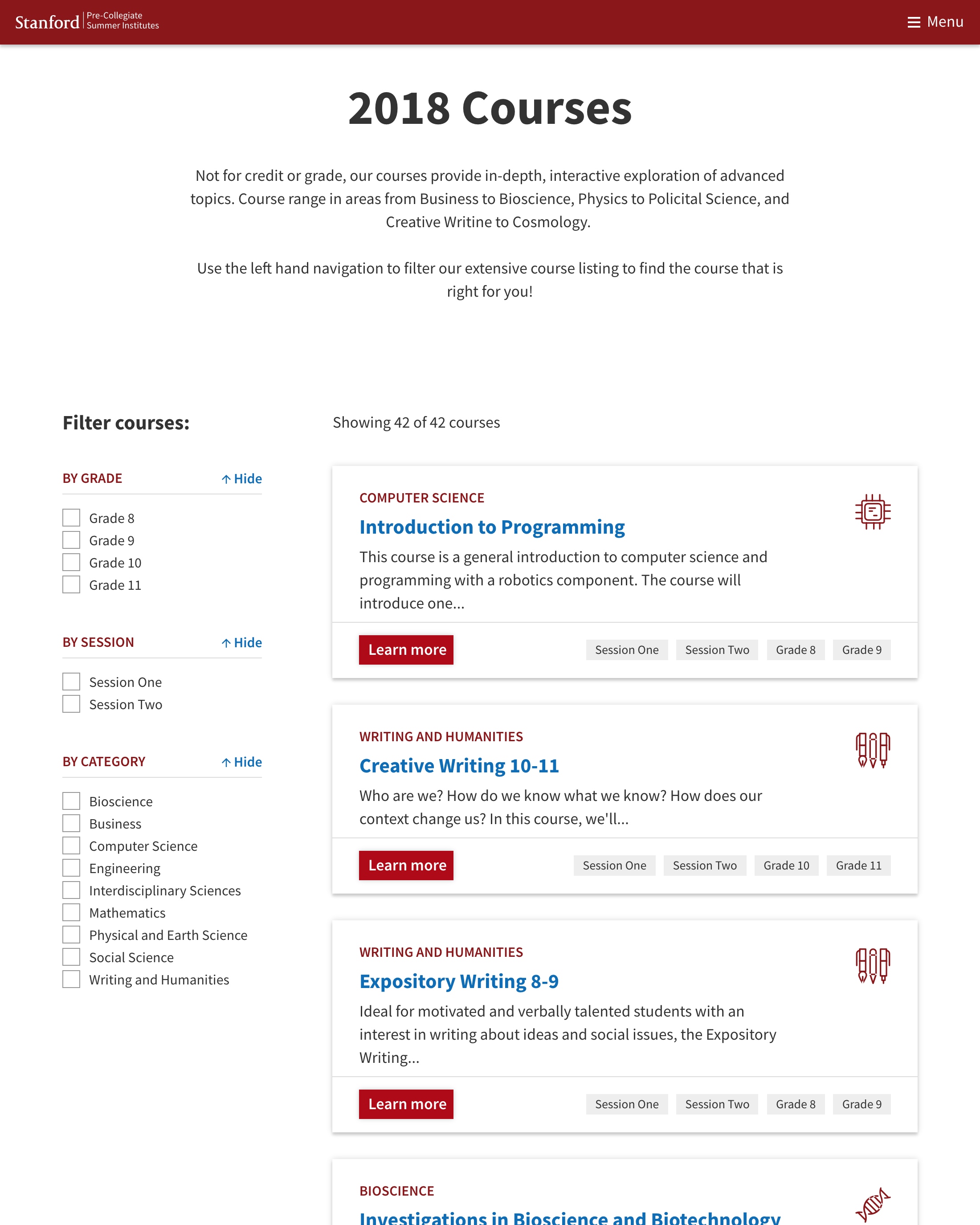 Screenshot of the new course finder